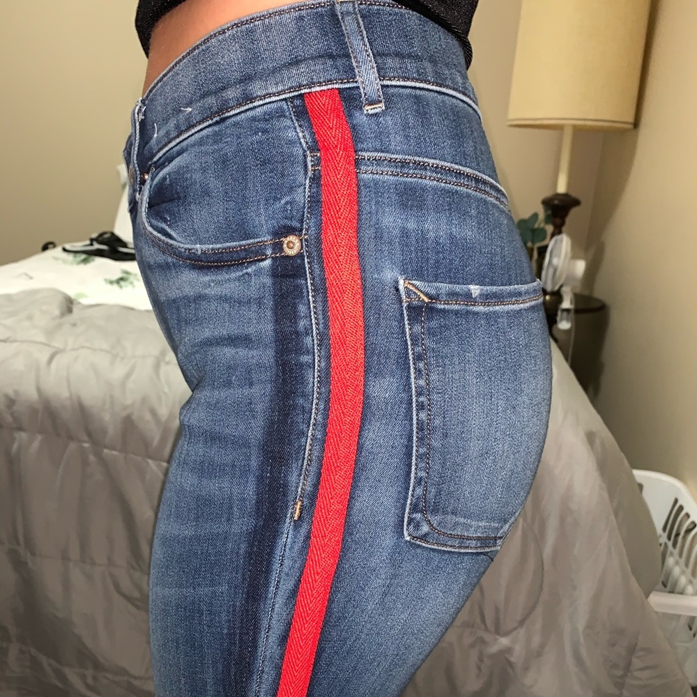 High Waisted Red Stripe Ankle Jean Leggings